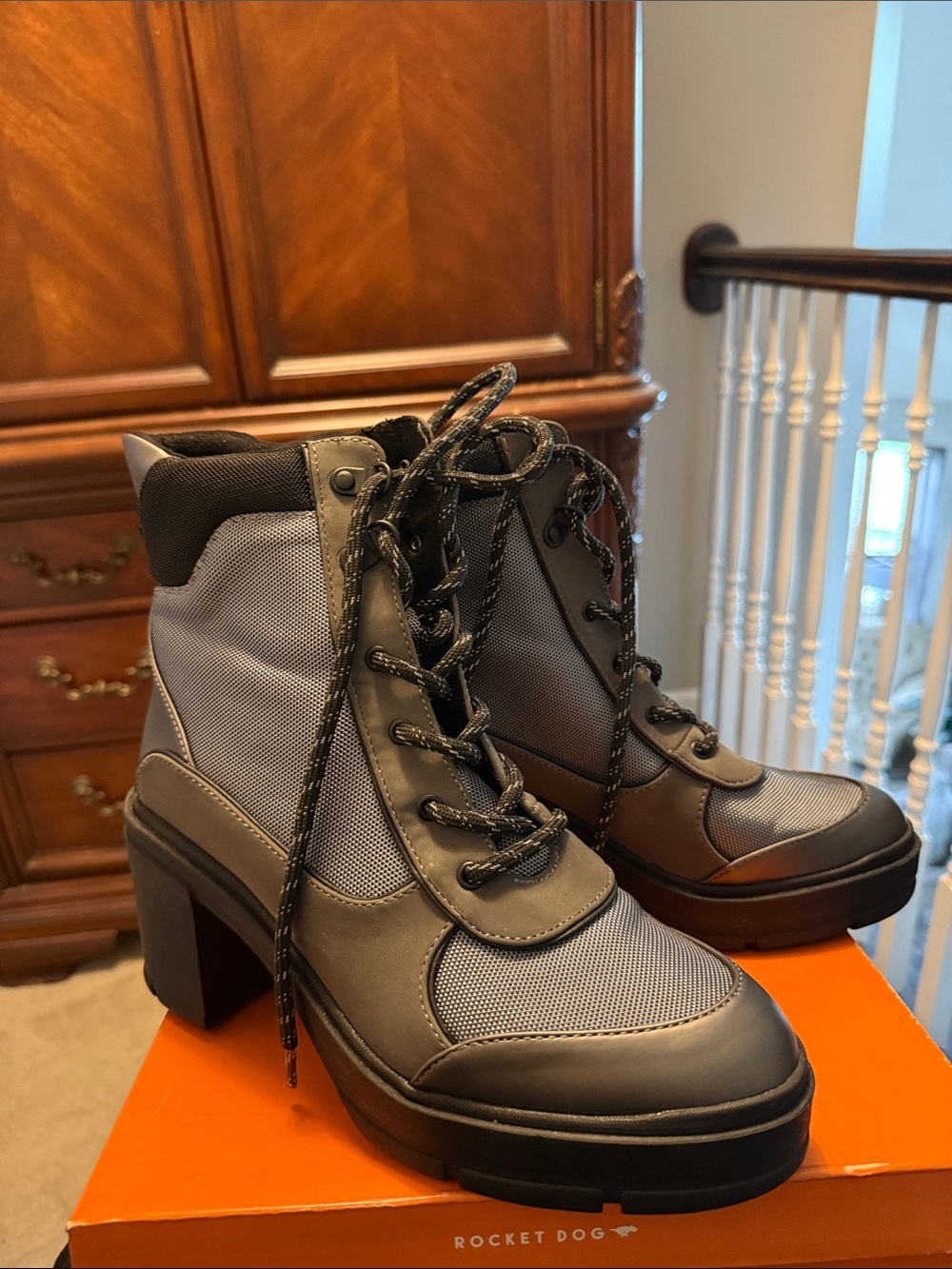 Rocket Dog Gray Lace-Up Chunky Heel Ankle Boots